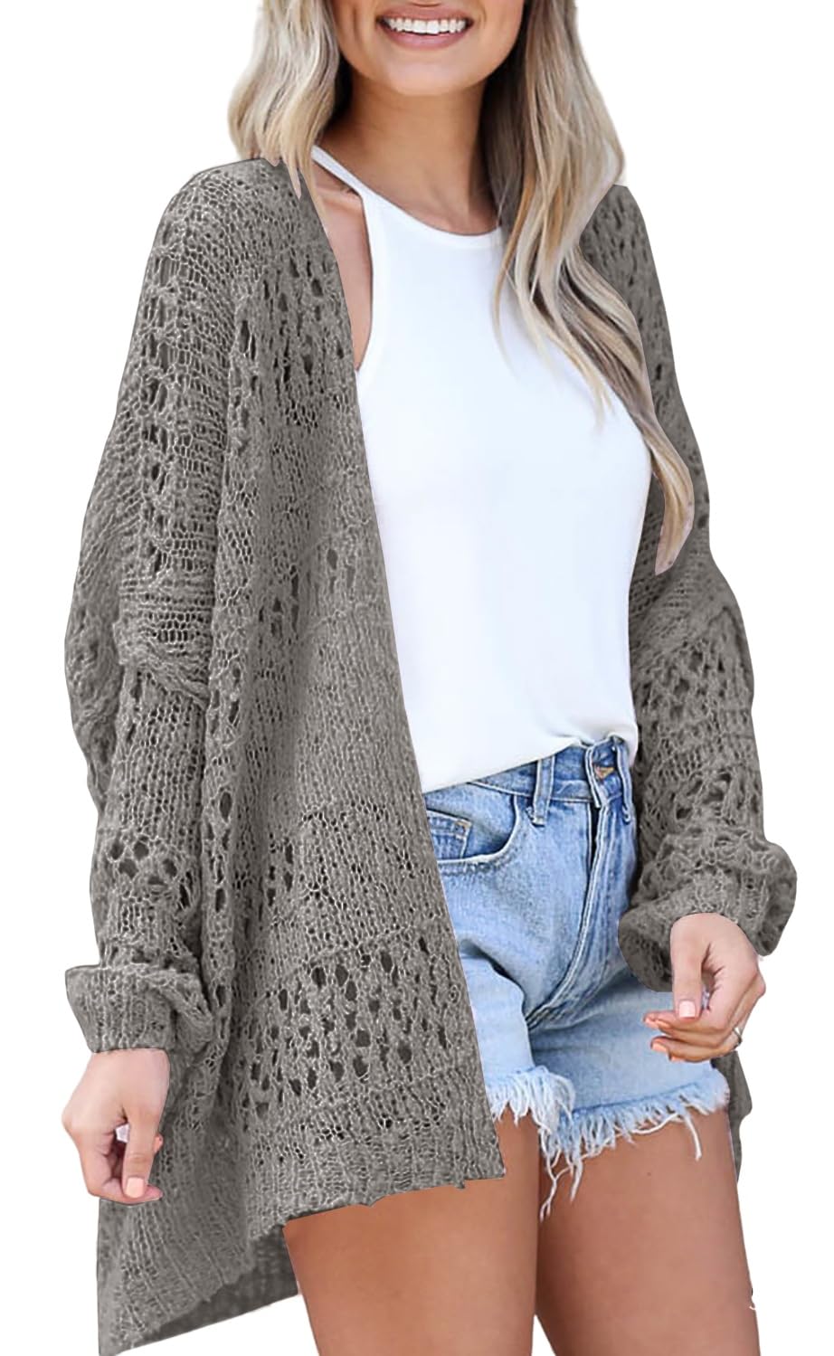 EIBA Chaqueta Punto Mujer,Cárdigans De Ganchillo De Punto para Mujer Moda De Longitud Media Botón Hueco Gris Liso Cárdigan De Suéteres Delanteros Abiertos Otoño Invierno Suelto Abrigo Básico De Pun