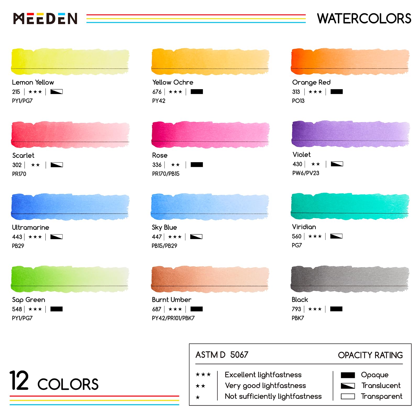 MEEDEN Professionelles Aquarellfarbenset: 12 x 15ml Farben Künstler-Aquarellfarbtuben - Aquarellmaterialien für Erwachsene, Künstler und Atelier
