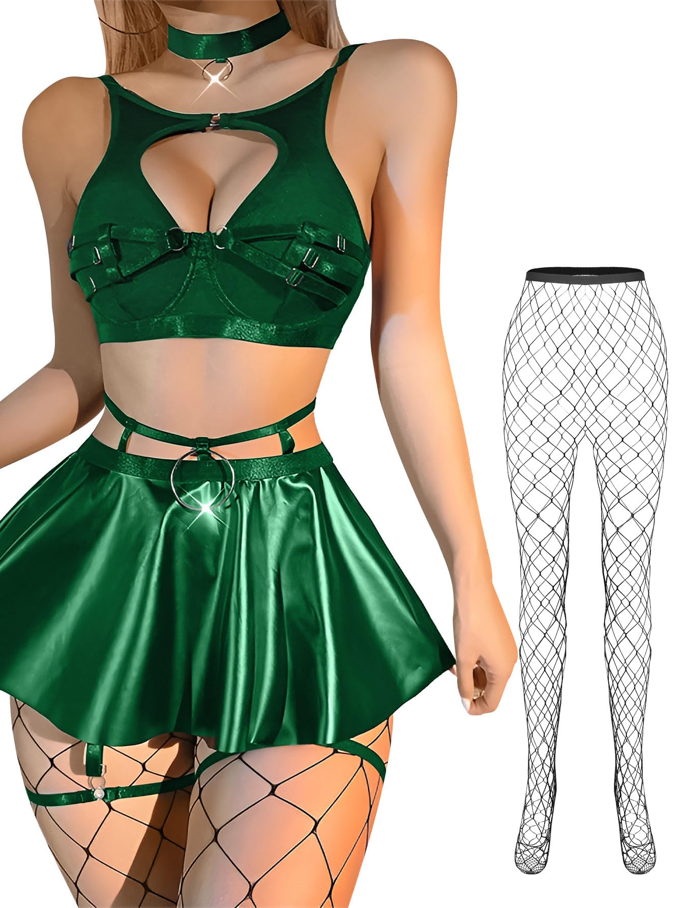Lilosy Sexy Stocking Chocker Strappy Underwire O Ring Push Up Garter Belt Women Skirt 5 Piece: Large Army Green