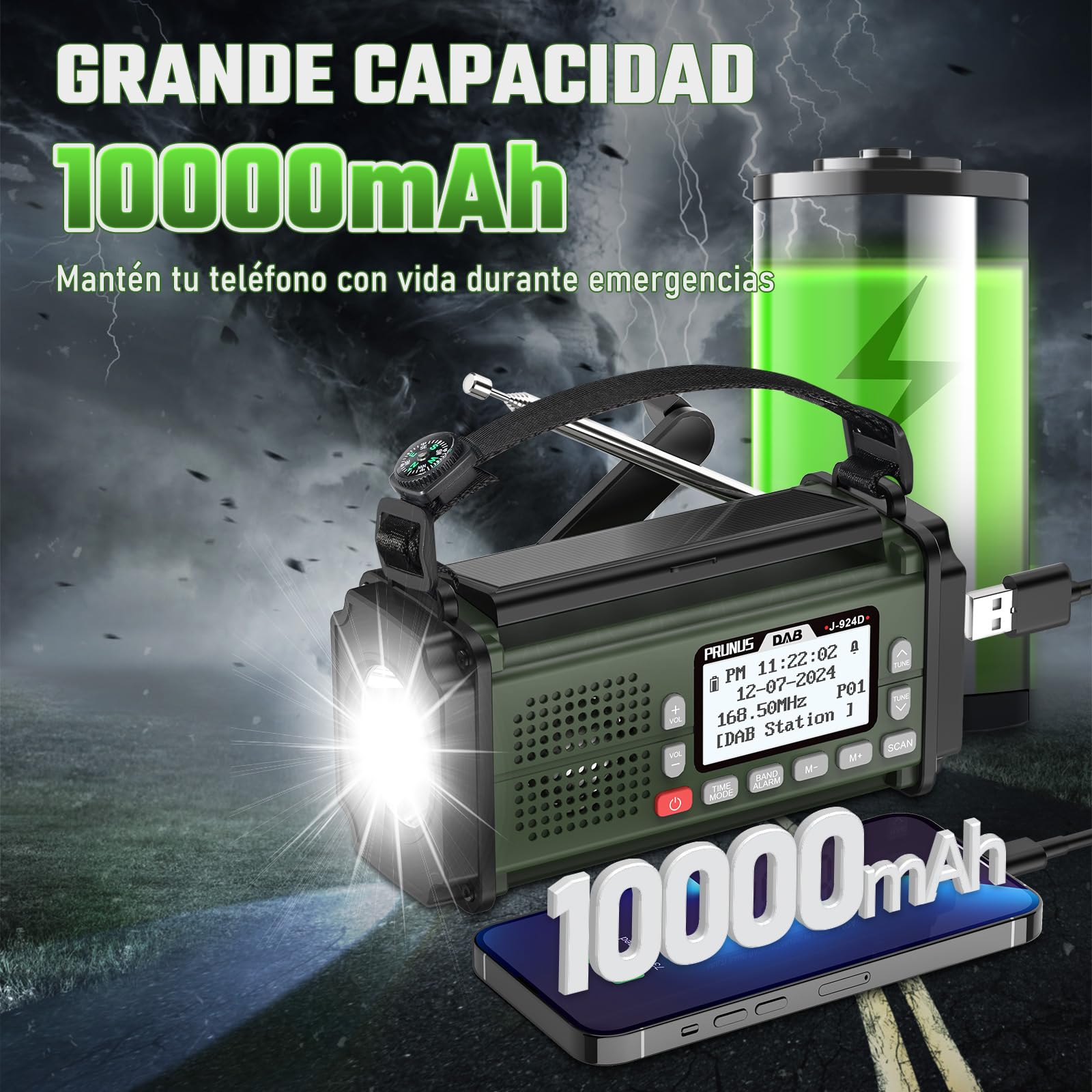 PRUNUS J-924 Dab/UKW Radio Solar y a Pilas, Radio Emergencia con Manivela | Radio Digital con Función de Preselección, Radio Portatil Pequeña Recargable con Banco de Energía de 10000 mAh, con Linterna