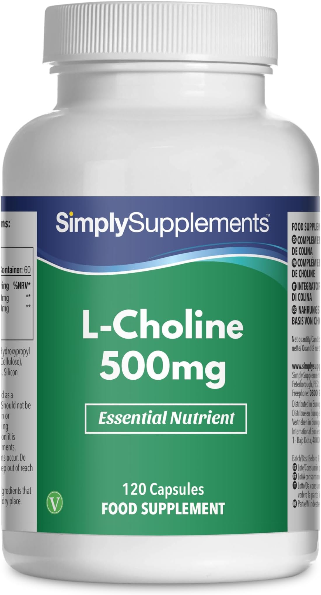 L-Choline Capsules | Supports Normal Liver Function, Lipid & Homocysteine Metabolism | Suitable for Vegans & Vegetarians | 120 Capsules = 2 Months' Supply | High-Strength 500mg L-Choline per Serving