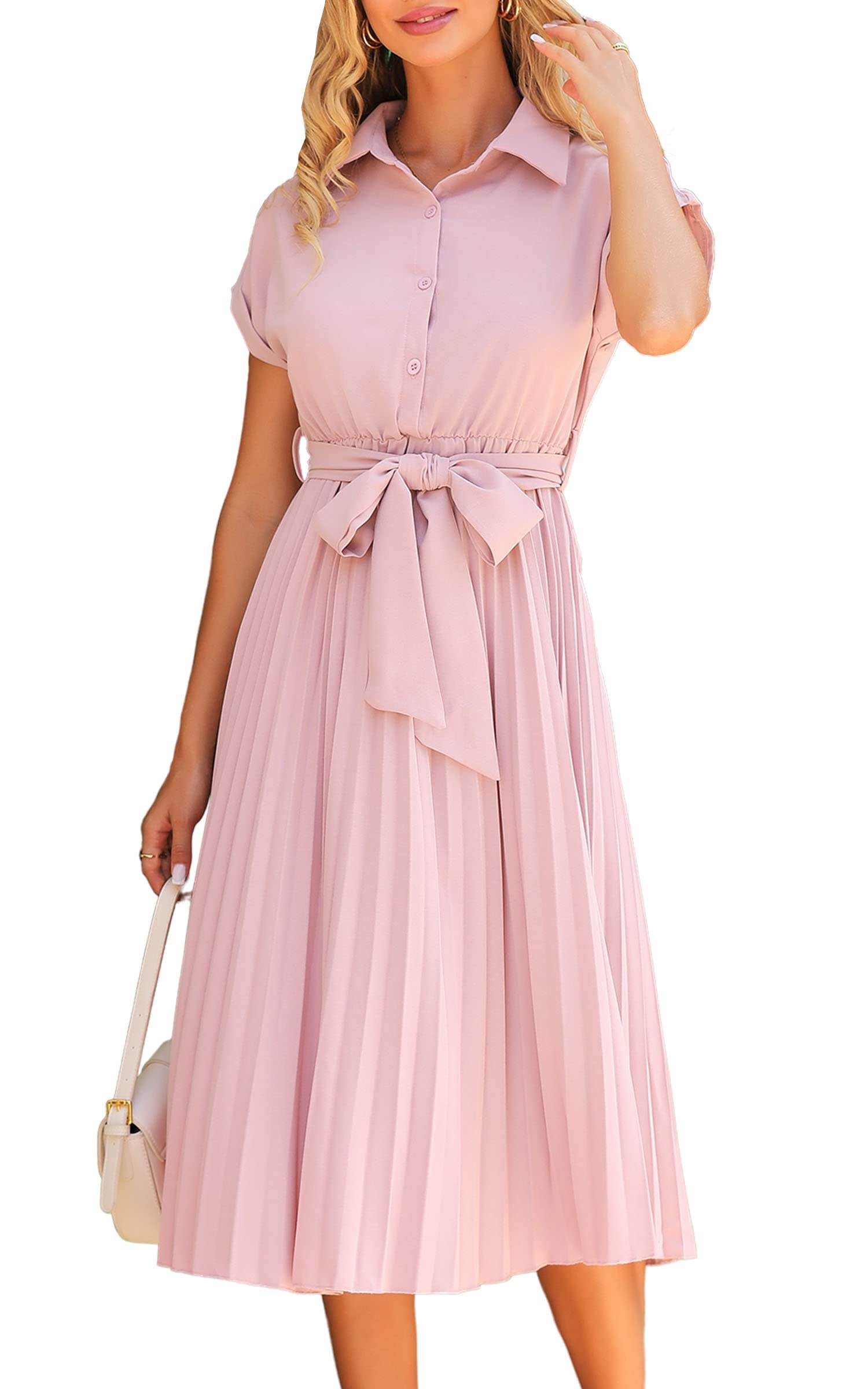 ECOWISH Womens Casual Midi Dresses Solid V Neck Short Sleeve Button Shirt Belted Dress with Pockets for Spring Summer 2026