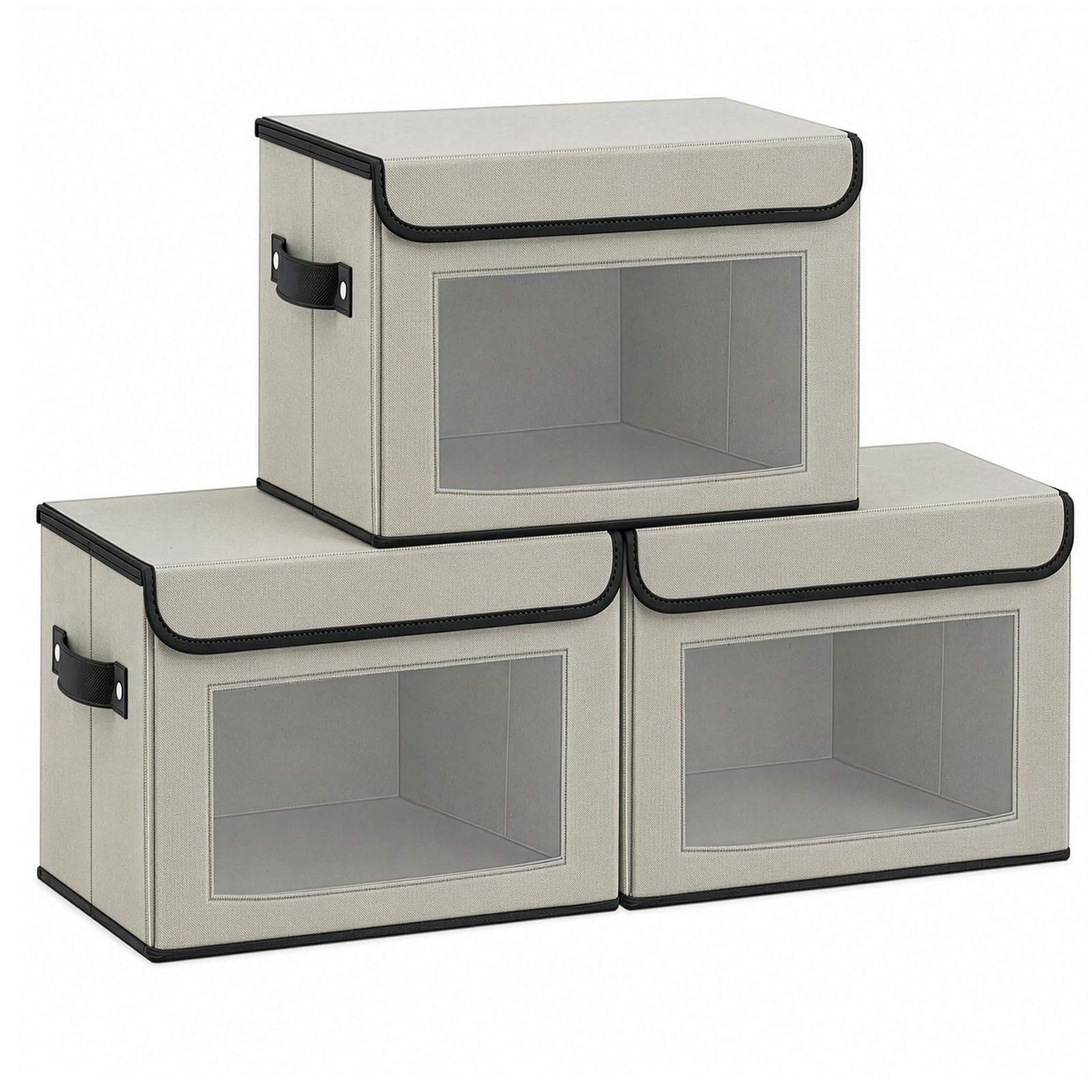 BLUE BAZAAR Storage Bins with Lids and Handles, Foldable Cube Storage Baskets with Clear Window, Decorative Fabric Storage Containers for Shelves and Closet Organization (Grey 3PCS)