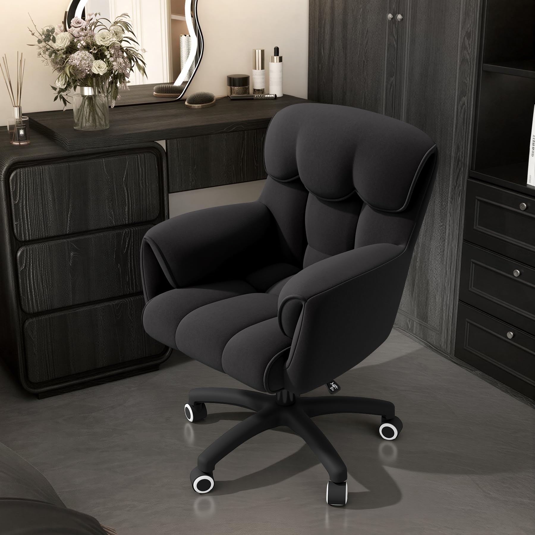 Ergonomischer Bürostuhl, Höhenverstellbarer Schreibtischstuhl mit Armlehnen, 360° Drehfunktion, Samtbezug, für Homeoffice und Büro, Belastbar bis 150 kg, Schwarz