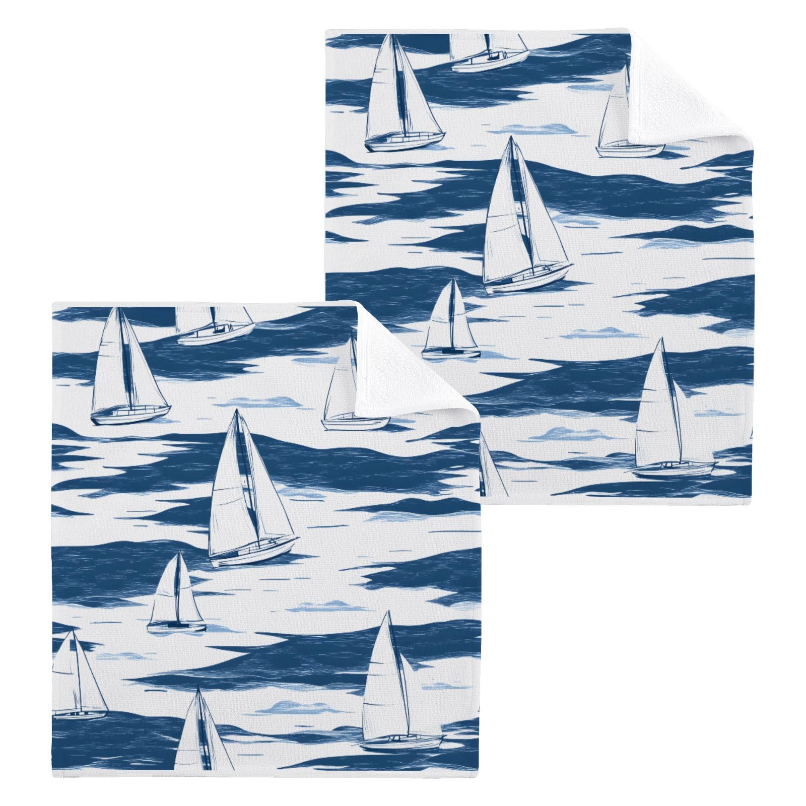 ALAZA Wash Cloth Set 100% Cotton Fingertip Towels Face Cloths Sets Sail Boat Highly Absorbent Soft Feel Set of 2