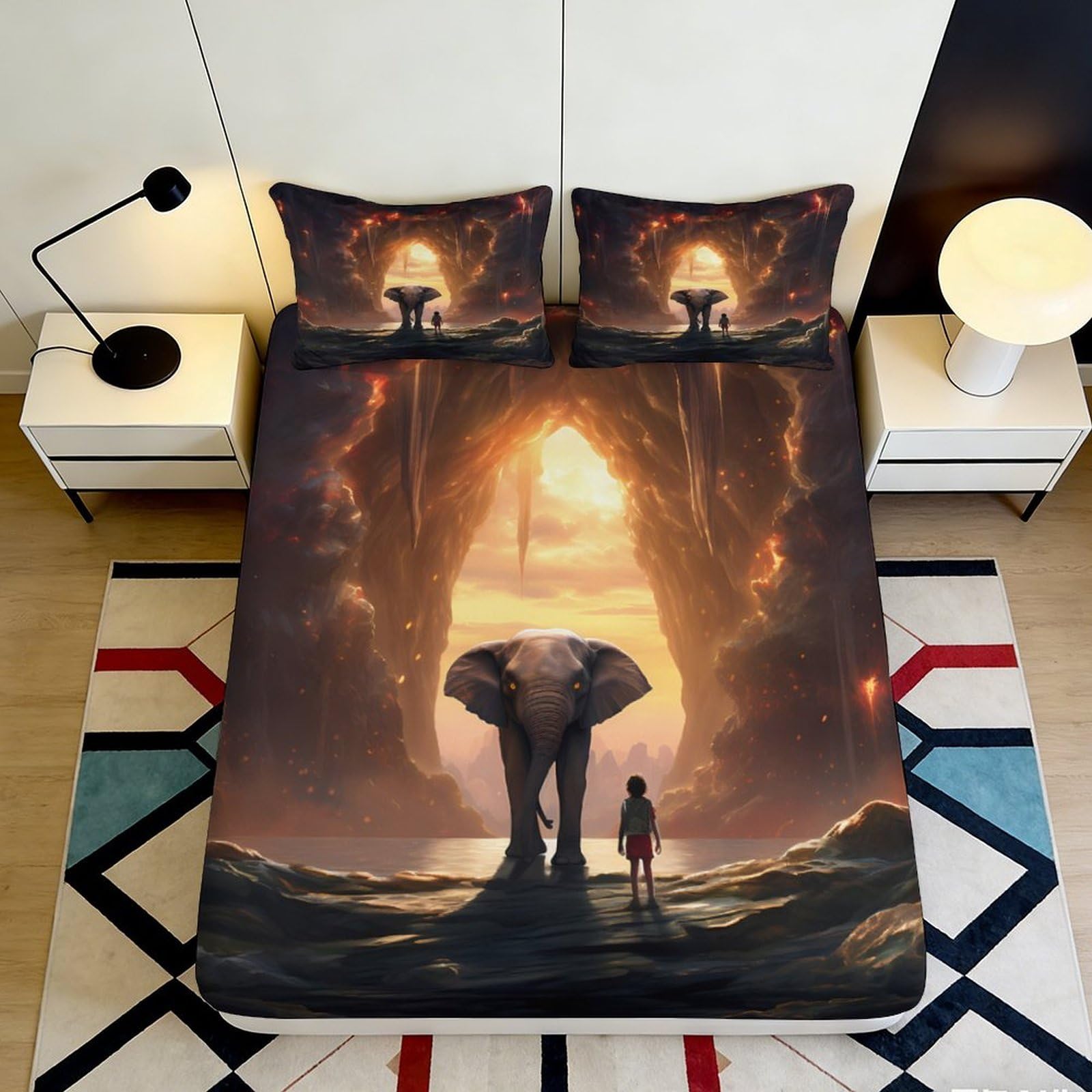 3D Printed Wildlife Elephant Fitted Sheet Microfiber Deep Pocket Full Wrap Bedroom Bedding Jungle Mattress Fitted Cover for Adults 120x200x25cm