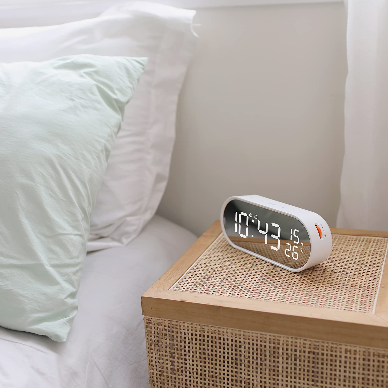 mooas Digital Alarm Clock, Digital Mirror Led Desk Clock with USB, Rolling Pop LED Desk Clock, Brightness Adjustment, 12/24H Mode, Dual Alarm & Snooze, Temperature & Humidity Display (White)