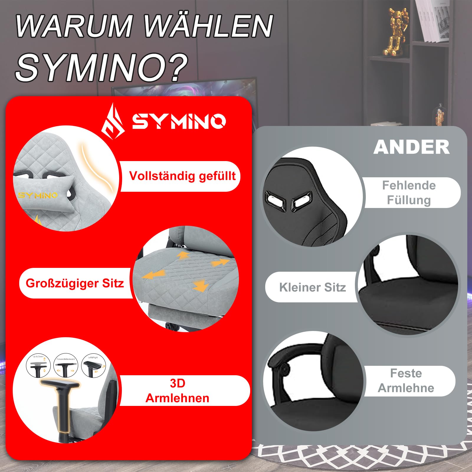 Symino Chaise Gamer Ergonomique - Fauteuil de Bureau avec Repose-Pieds Télescopique, Support Lombaire et Hauteur Réglable - 200kg (Simili Cuir Grey)