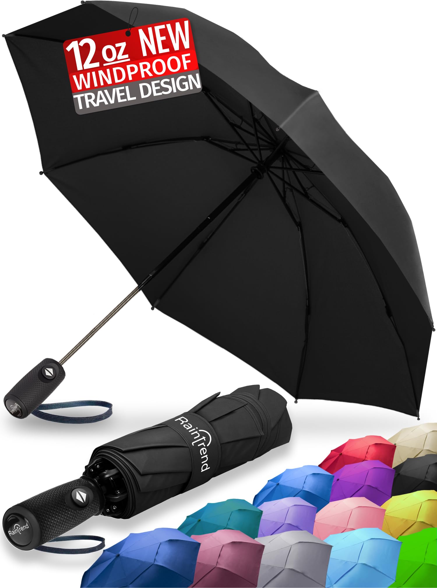 Raintrend Windproof Travel Umbrellas for Rain Automatic +10% Bigger Canopy Strong Frame Compact Folding Portable Umbrella for Women Men Backpack Purse