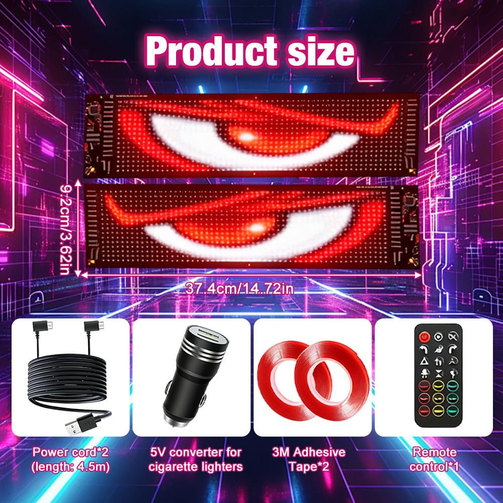 2 Luces Led de Ojos de Diablo para Coches, SUV, Ojos Led, 92 x 374 mm, Panel de Matriz Led Flexible, Programable, Letrero Led Animado, Control por Aplicación Bluetooth y Mando a Distancia