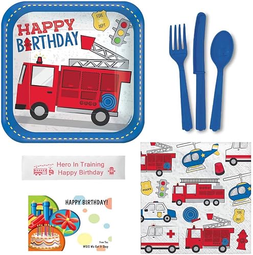 Paquete de suministros para fiesta de cumpleaños de camiones de bomberos que incluye platos, servilletas, utensilios y cinta impresa adicional