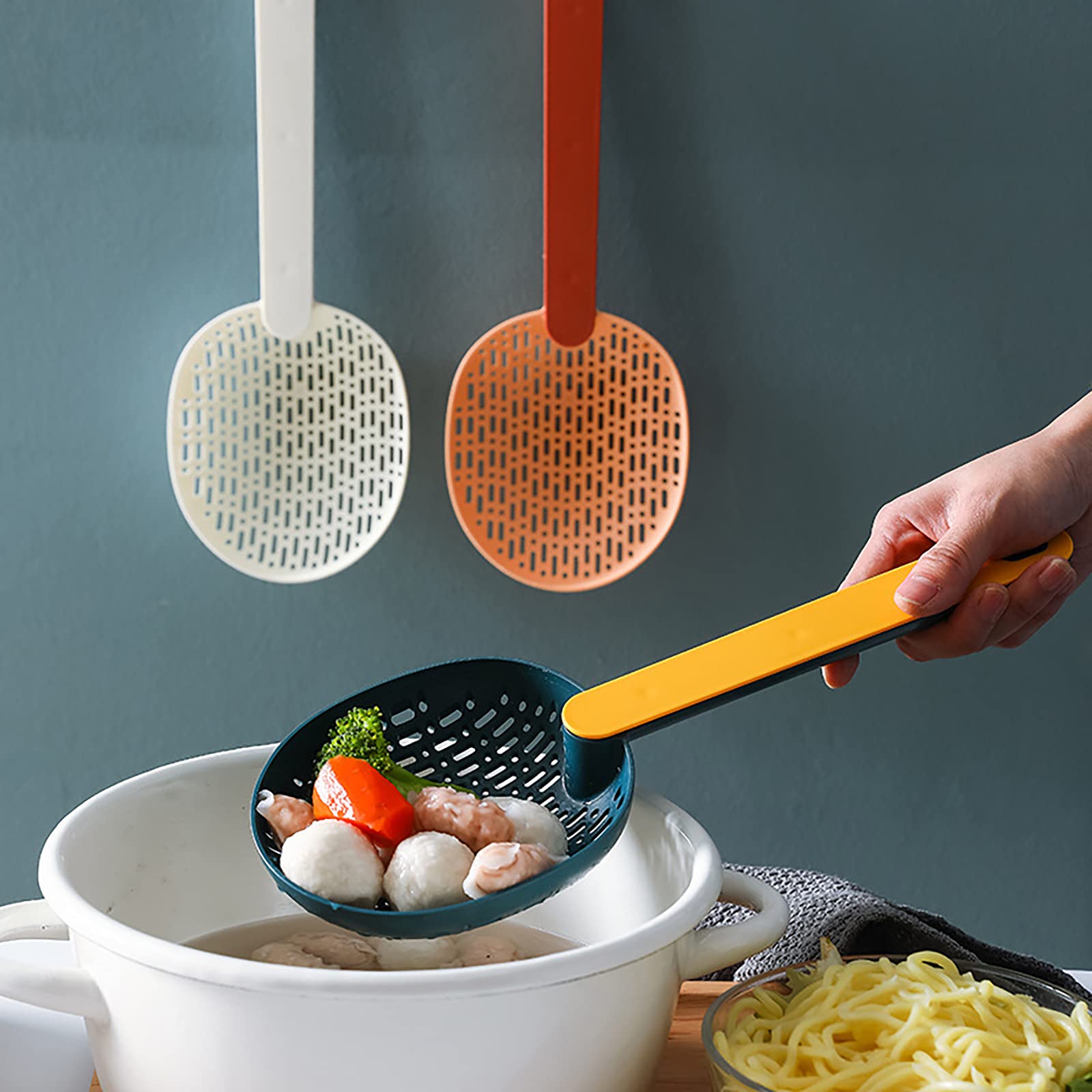 2 Stuks Zeef Scoop Vergiet Slotted Pasta Lepel Plastic Skimmer Lepel Met Handvat Voedsel Afvoer Schop Voor Keuken Koken, Wit En Oranje 2 Stuks Zeef Scoop Vergiet Slotted Pasta Lepel Plastic Skimmer Lepel Met Handvat Voedsel Afvoer Schop Voor Keuken Koken, Wit En Oranje