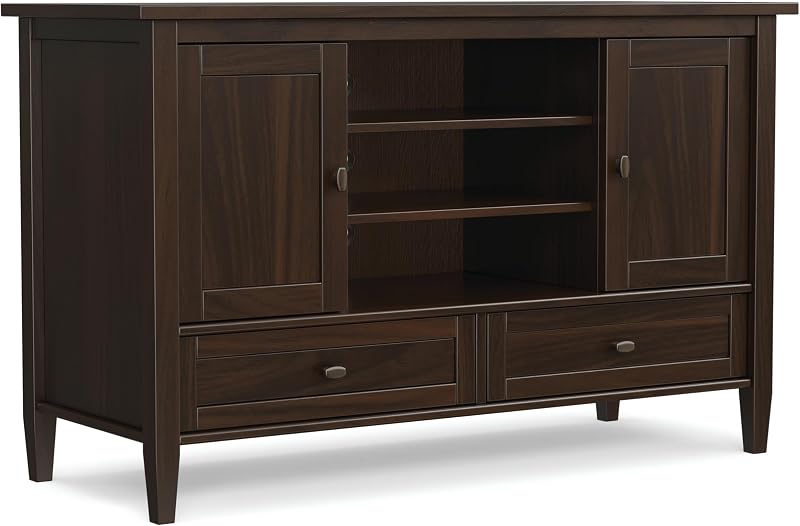 SIMPLIHOME Warm Shaker 47" Wide Solid Wood TV Stand in Brunette Brown