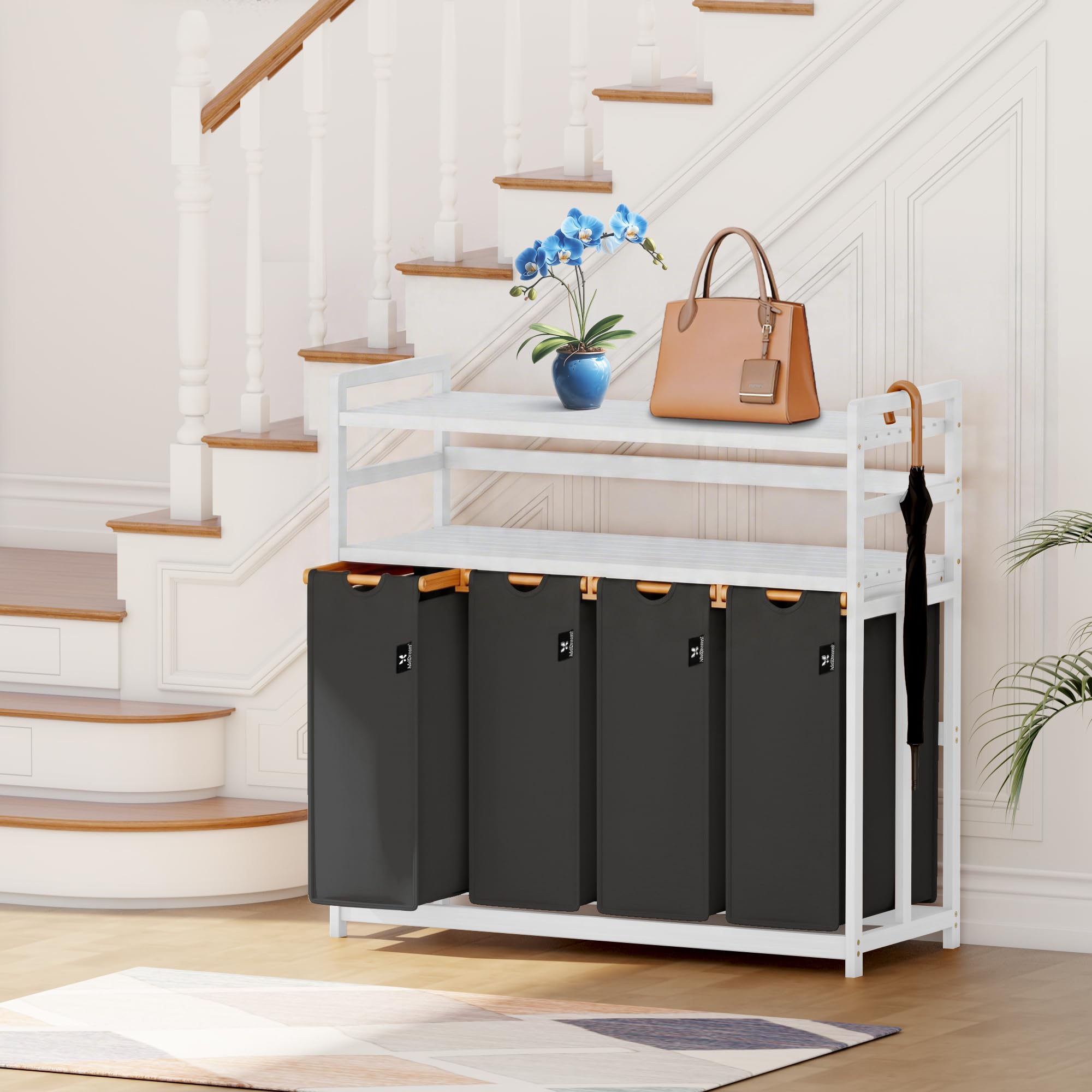 AdelDream - Cesto para la colada (200 L, 4 compartimentos, 2 estantes, bambú) | Clasificador de ropa sucia de 4 x 50 L, extensible, extraíble, doble estante, color blanco y negro