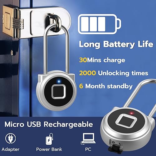 Miniatura 4 de Cerradura de huellas dactilares, candado biométrico inteligente de 2.1 pulgadas de largo, candado biométrico inteligente sin llave, biométrico