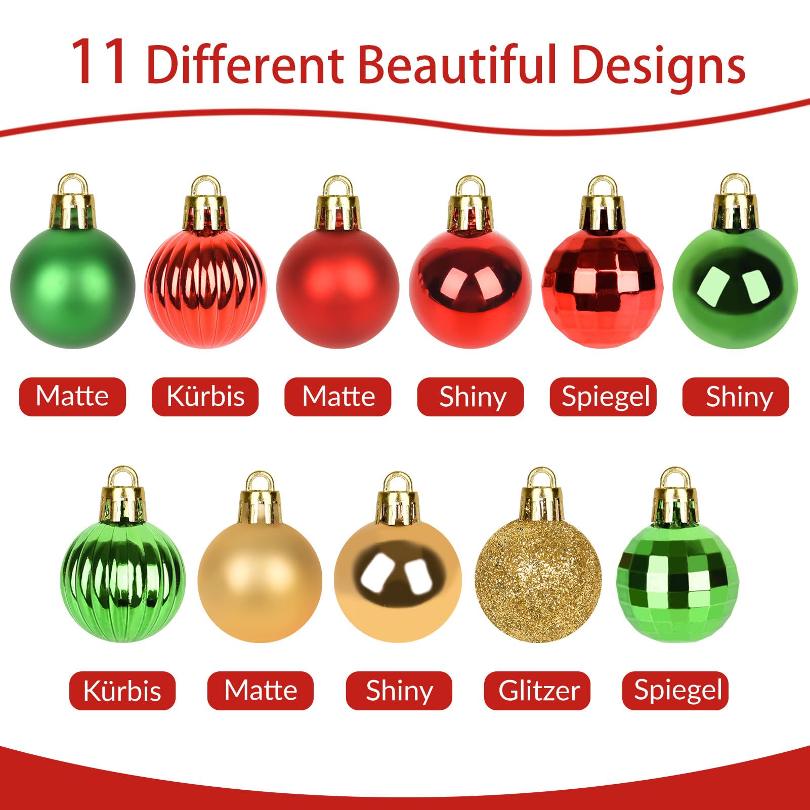 Set 33 Mini Decorazioni Natalizie 4 Cm – Oro E Rosso Con Pigne, Campane E Topper Stella – Infrangibili In Plastica