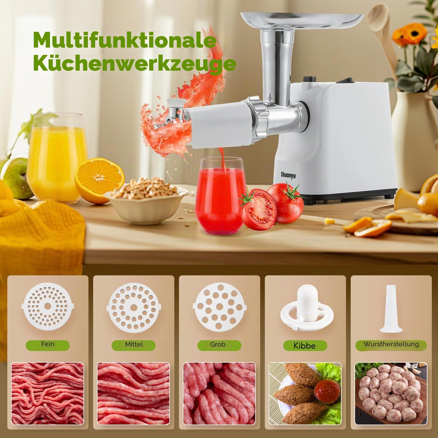 Huanyu Elektrische Käsereibe Multifunktionaler elektrischer Gemüseschneider mit 5 Klingen 250W Elektrischer Salatmacher und Fleischwolf Elektrische Reibe für Obst, Gemüse und Käse (Weiß)