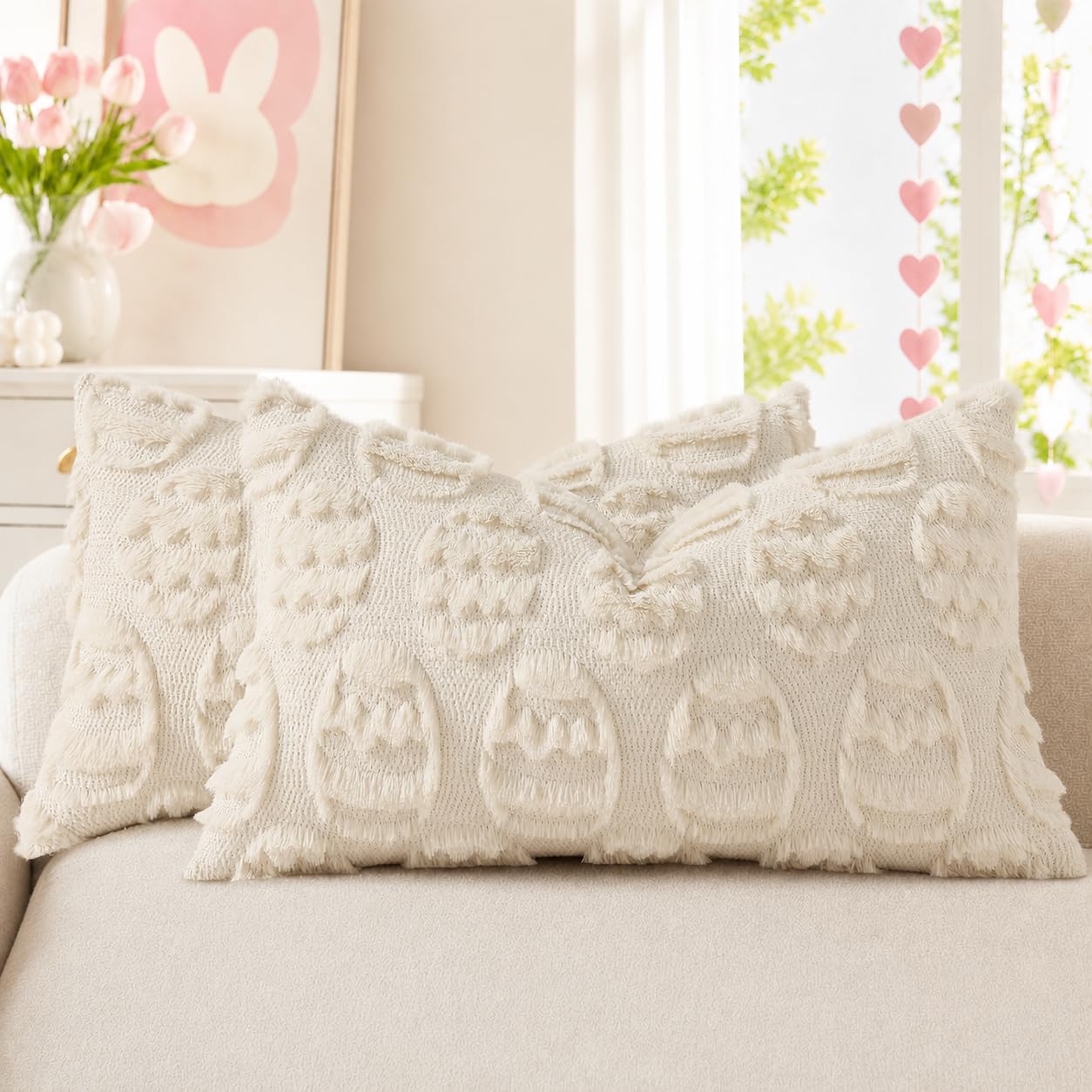 decorUhome Beige Faux Fur Egg Throw Pillow Covers 12x20 Set of 2