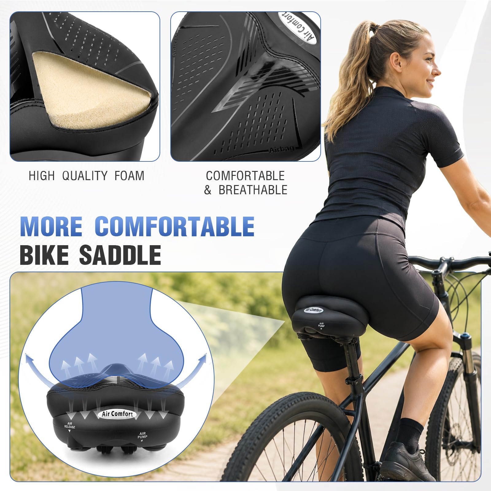 Fahrradsattel mit TPU-Luftkissen, aufblasbar & verstellbar, atmungsaktives PVC-Kunstleder, für Citybike, E-Bike, Klapprad, Damenrad – Sattelstützenrohr 22,2 mm