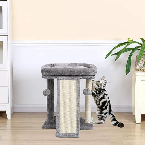 Miniatura 8 de SYANDLVY Poste rascador pequeño para gatos de interior, tabla de rascar para gatos, 2 bolas colgantes ideales para gatitos (gris claro)