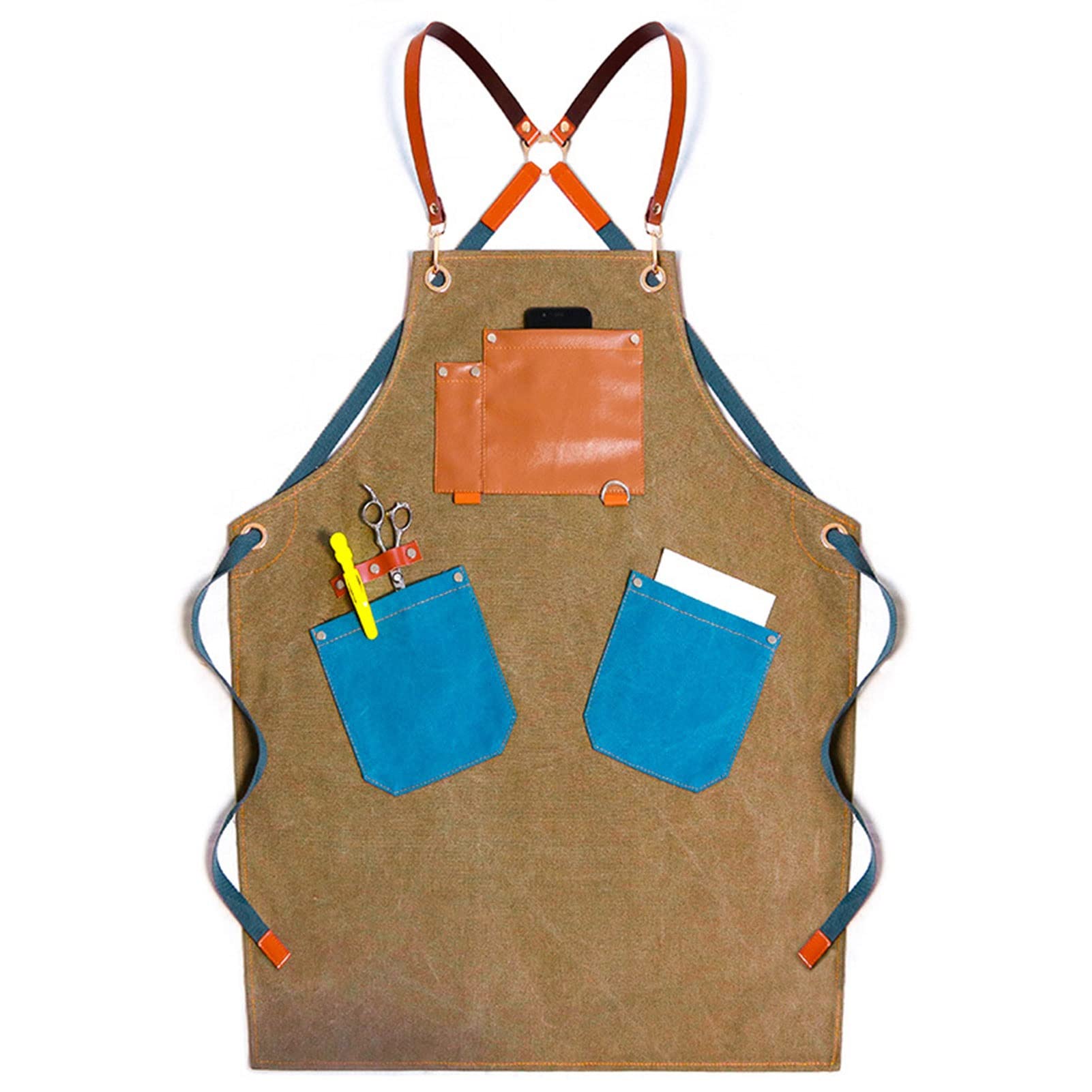 Arbeit Schürze Robuste Arbeitsschürze aus gewachstem Segeltuch Werkzeugschürze mit mehreren Taschen, mehrfarbig, XL