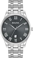 Bulova Men's 96B261 Classic Quartz Watch: Stainless Steel, Gunmetal Dial, Roman Numerals, Date Calendar