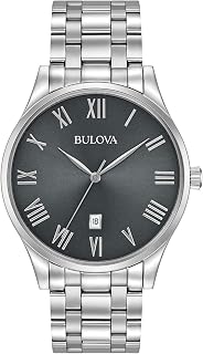 Bulova Men's 96B261 Classic Quartz Watch: Stainless Steel, Gunmetal Dial, Roman Numerals, Date Calendar