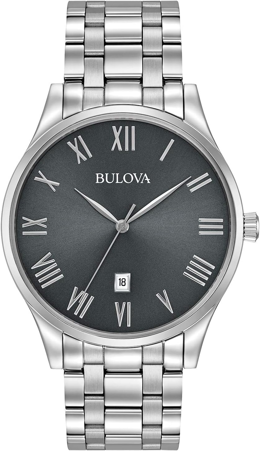 Men's Classic Stainless Steel 3-Hand Date Calendar Quartz Watch, Grey Dial with Roman Numeral Markers Style: 96B261, Stainless Steel, Classic Sutton Quartz Silver-Tone Stainless Steel Bracelet