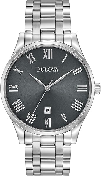 Bulova Mens Classic Stainless Steel 3-Hand Date Calendar Quartz Watch, Grey Dial with Roman Numeral Markers Style 96B261