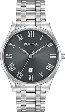 Bulova Mens Classic Stainless Steel 3-Hand Date Calendar Quartz Watch, Grey Dial with Roman Numeral Markers Style 96B261