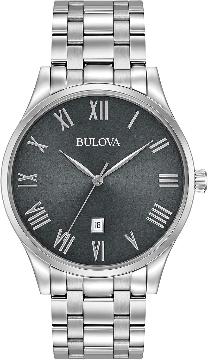 Bulova Reloj clásico de cuarzo de acero inoxidable de 3 manecillas con calendario de fecha esfera gris con marcadores de números romanos Estilo