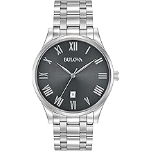 Men's Classic Stainless Steel 3-Hand Date Calendar Quartz Watch, Grey Dial with Roman Numeral Markers Style: 96B261