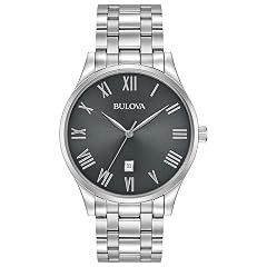 Bulova Mens Classic Stainless Steel 3-Hand Date Calendar Quartz Watch Grey Dial with Roman Numeral Markers Style 96B261