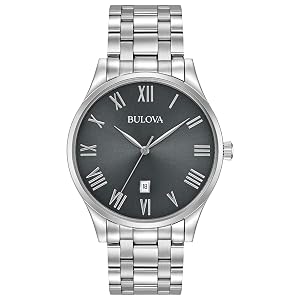 Bulova Mens Classic Stainless Steel 3-Hand Date Calendar Quartz Watch Grey Dial with Roman Numeral Markers Style 96B261