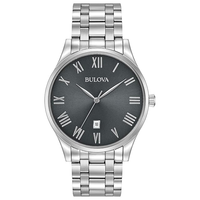 Bulova Mens Classic Stainless Steel 3-Hand Date Calendar Quartz Watch Grey Dial with Roman Numeral Markers Style 96B261