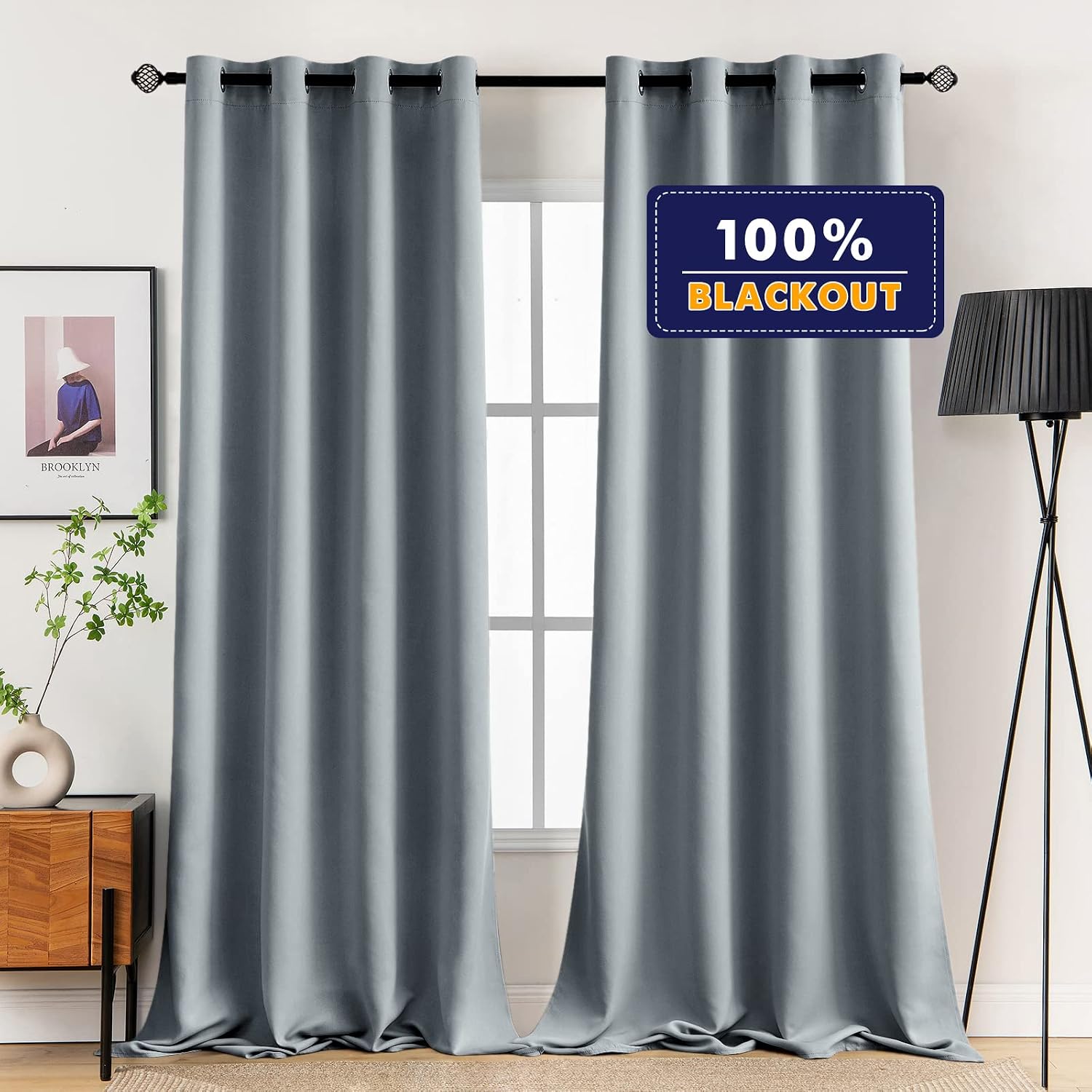 MIULEE 100% Blackout Curtains Thermal Insulated Solid Grommet Curtains/Drapes/Shades for Bedroom Living Room 2 Panels Silver Grey 52x96 Inch