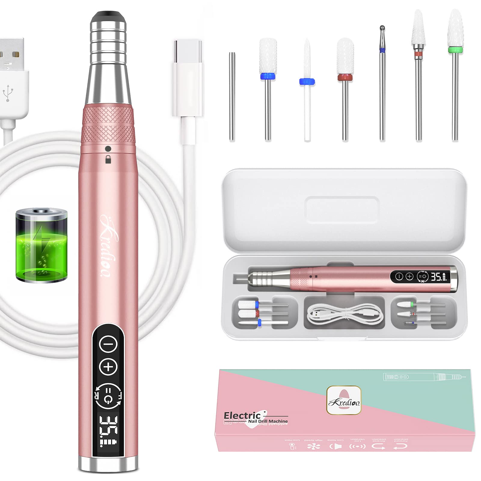 Kredioo Torno para Uñas Profesional, Inalámbrico 35000 RPM Velocidad Ajustable, Recargable Lima Electrica Uñas, Lápiz Manicura y Pedicura, Pulidor Portatil, Kit con 6 Brocas, para Salón DIY (Rosa)