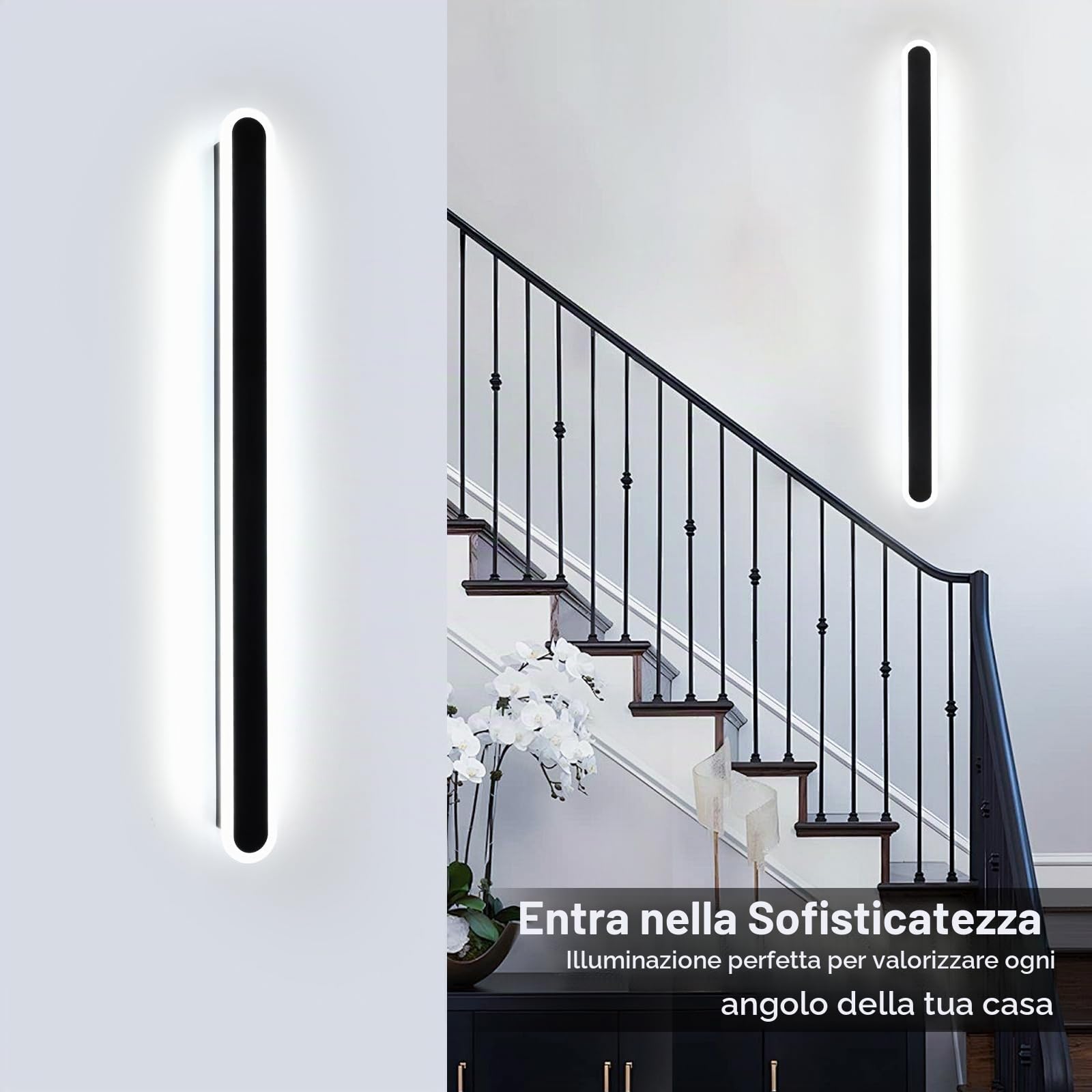 Applique da Parete Interno LED, 22W Lampada da Parete Dimmerabile con Telecomando e Funzione di Memoria, Moderno Lampada a Muro Camera da Letto Illuminazione per Soggiorno Corridoio Scale, Nero, 80CM