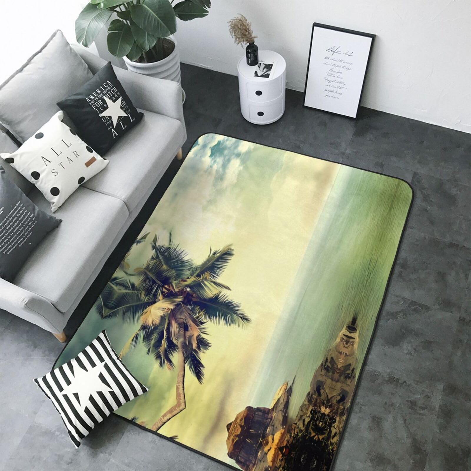 Tapis de sol antidérapant en peluche avec imprimé palmier et rivage rocheux 203,2 x 147,3 cm – Confort bien conçu pour votre oasis d'intérieur