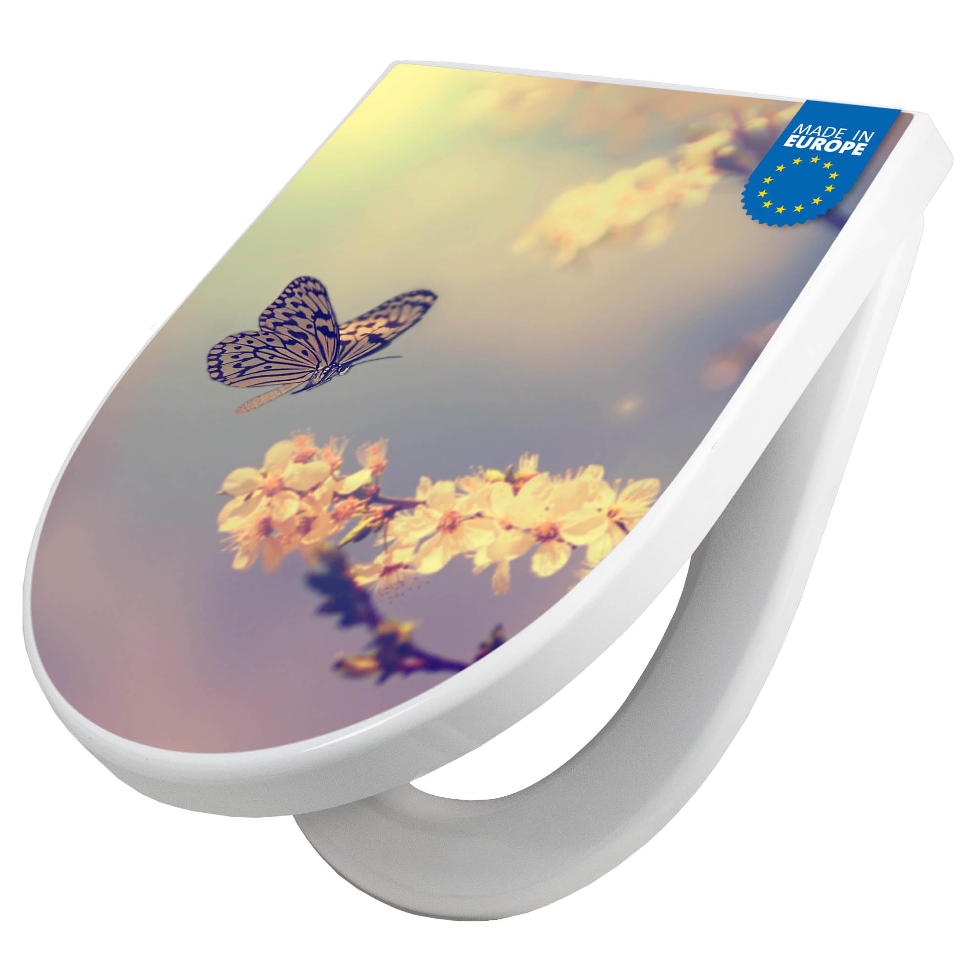 banjado WC Sitz mit Absenkautomatik D Form - Toilettendeckel mit Absenkautomatik D Form - Klodeckel Softclose - stabile Klobrille - Toilettensitz Weiß - Motiv Tag Im Mai