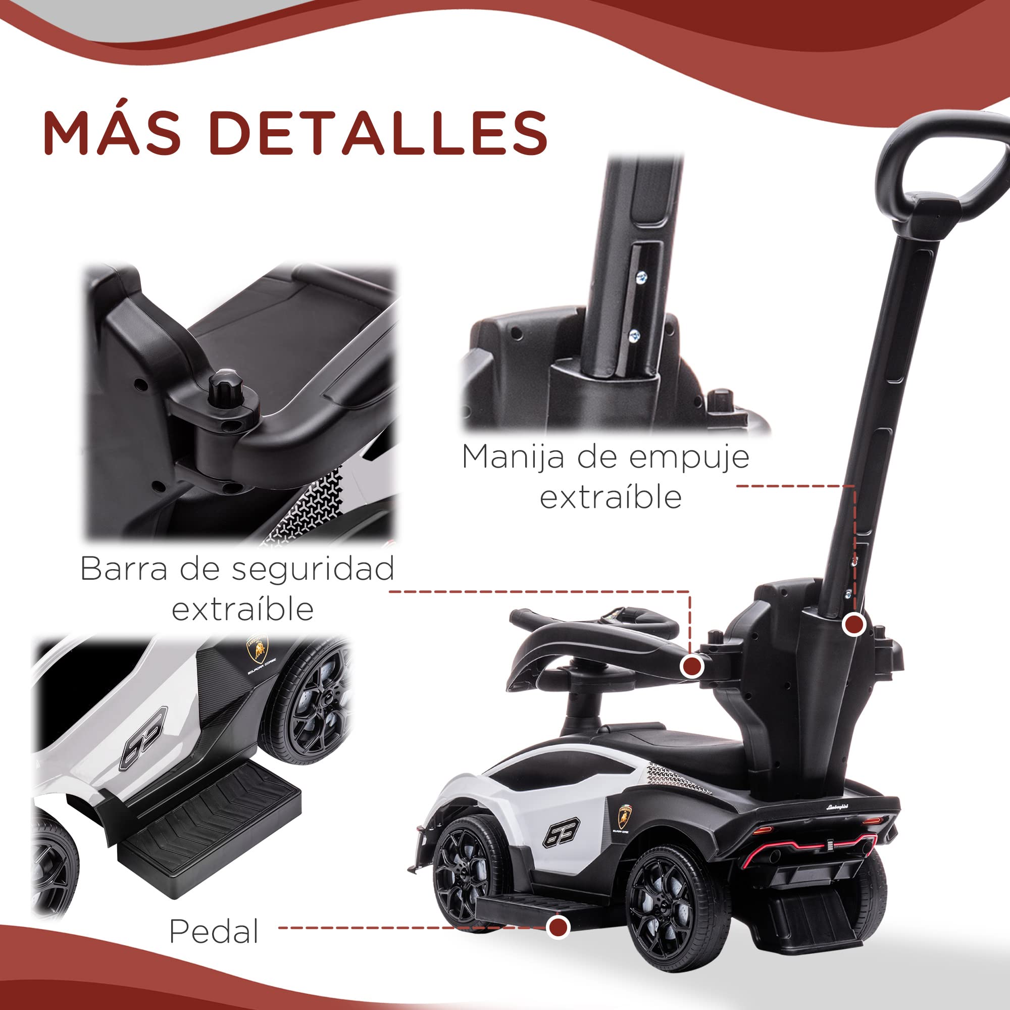 AIYAPLAY 2 en 1 Coche Correpasillos para Niños 12-36 Meses Lamborghini Essenza SCV12 Andador Empujador con Bocina Mango de Empuje y Barandilla Extraíbles 86,5x40x89,5 cm Blanco y Negro