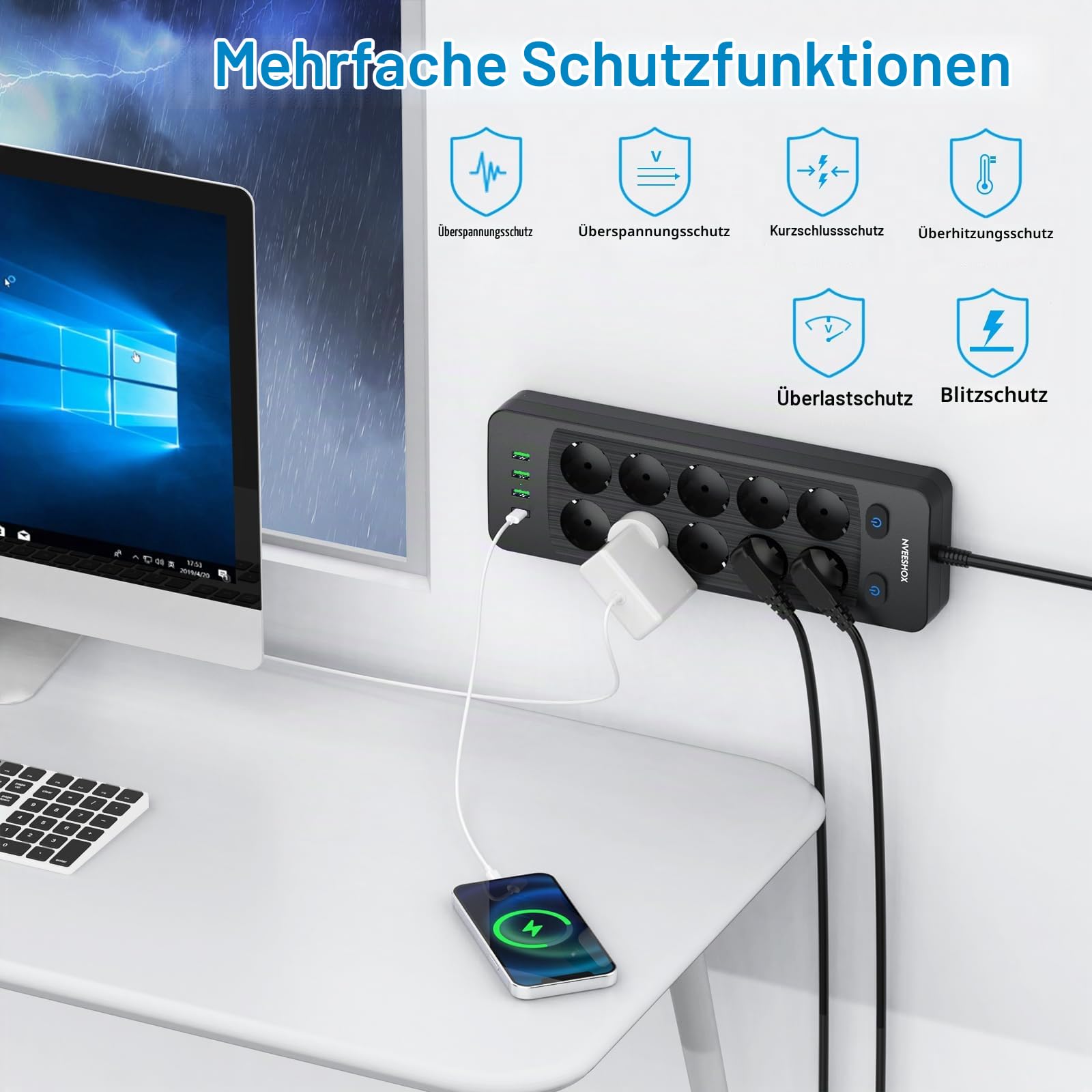NVEESHOX 10 Fach Steckdosenleiste mit USB C 20W,5M Kabel Verteilersteckdose