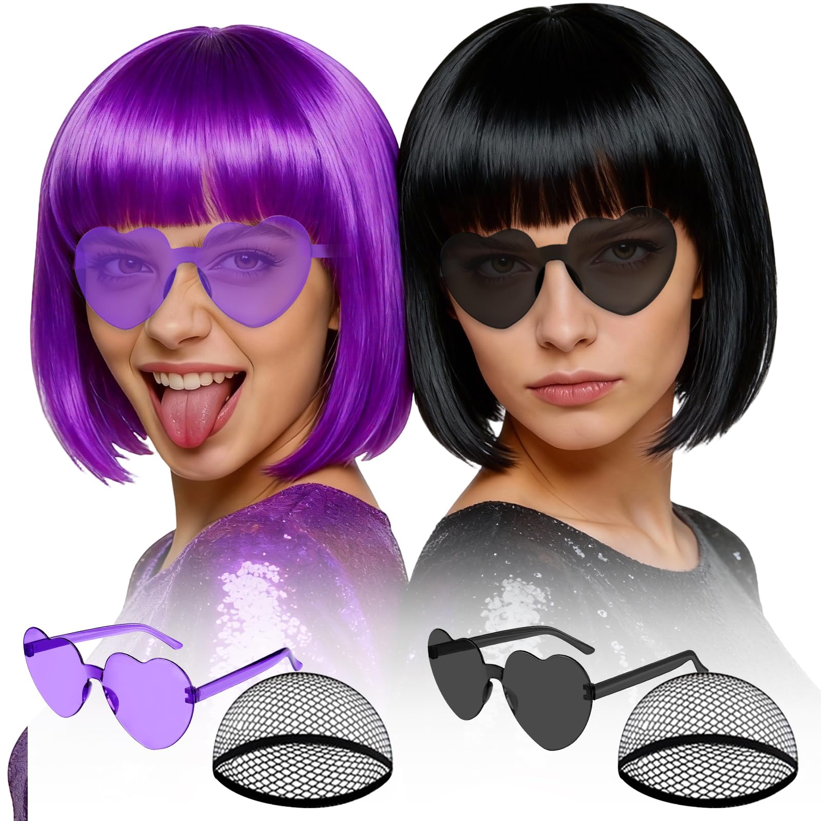 Photo 1 of MEEZY 2 Pcs Colorful Bob Wigs with Bangs Black Purple for Women, Neon Fun Wig Short Bob Hair with Heart Sunglasses Hair Cap for Halloween Costume Cosplay Photography Birthday Bachelorette Party