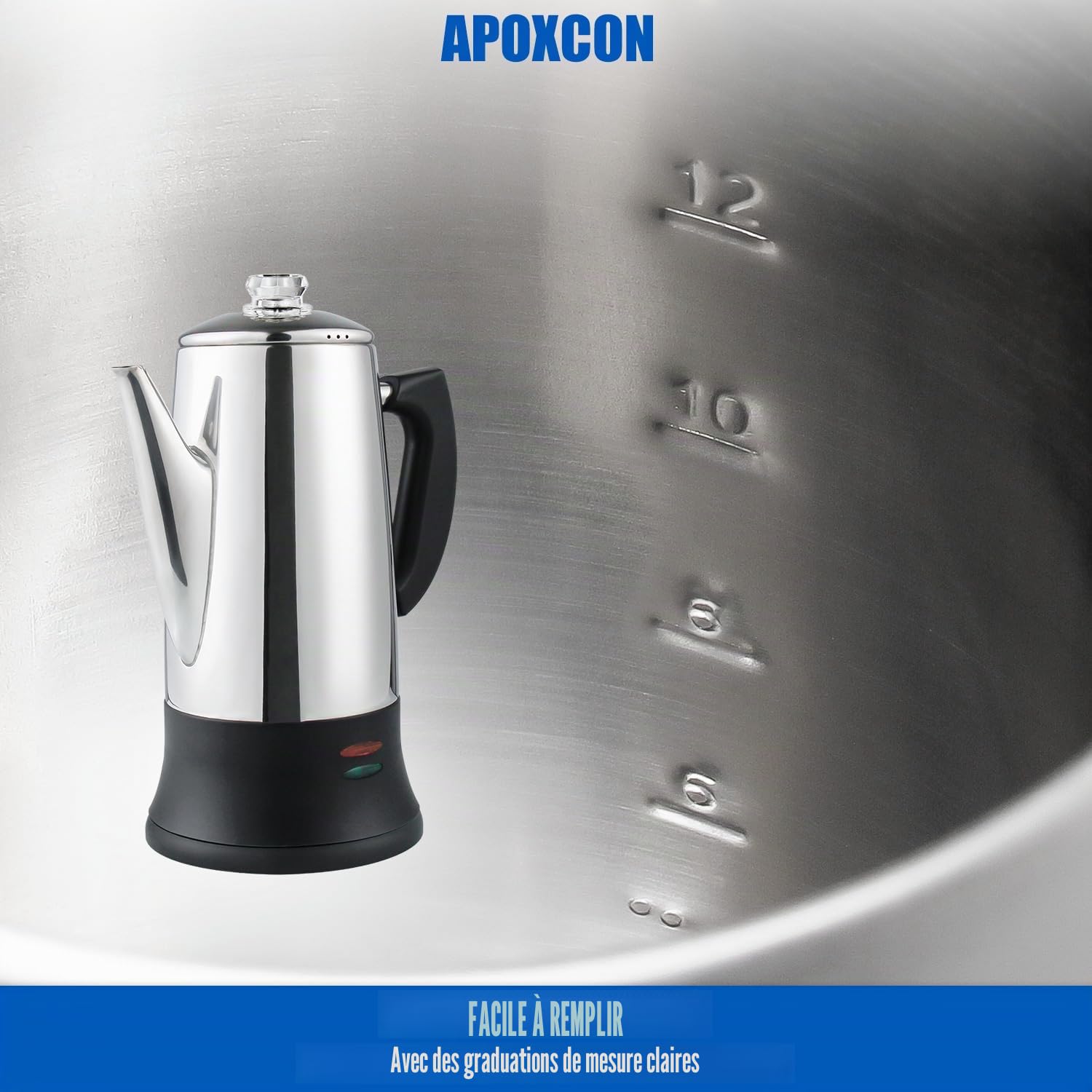 APOXCON Percolateur à café 12 tasses - Certifiée CE, cafetière classique avec fonction de service sans fil et couvercle résistant à la chaleur, Fonction de Maintien au Chaud 30 Min