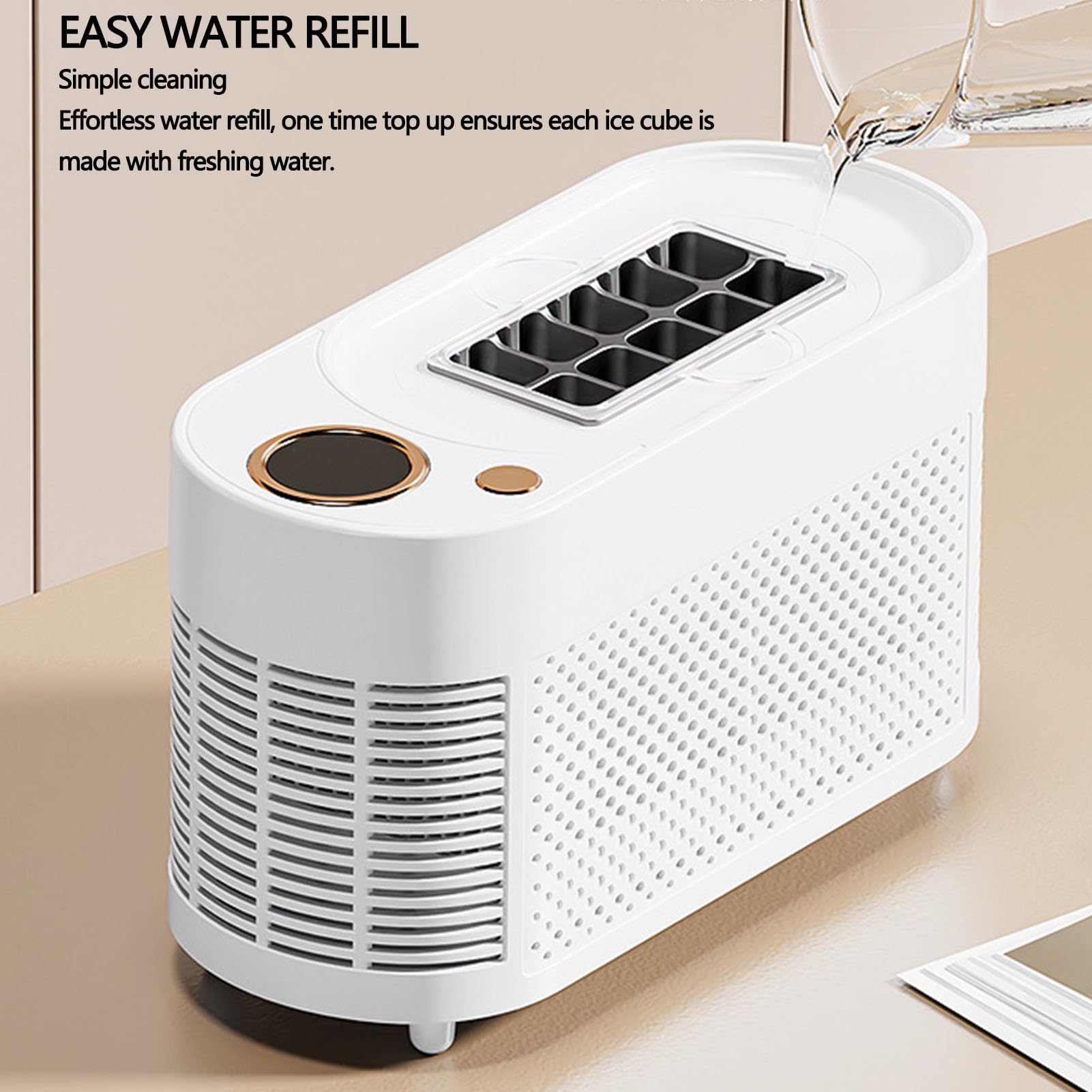 Naroote Mini Fabbricatore di Ghiaccio da Banco, 10 Cubetti in 15 Minuti, Portatile, Automatico, con Doppia Alimentazione, Dimensioni Compatte e Materiali Sicuri per Casa Campeggio (Spina europea)