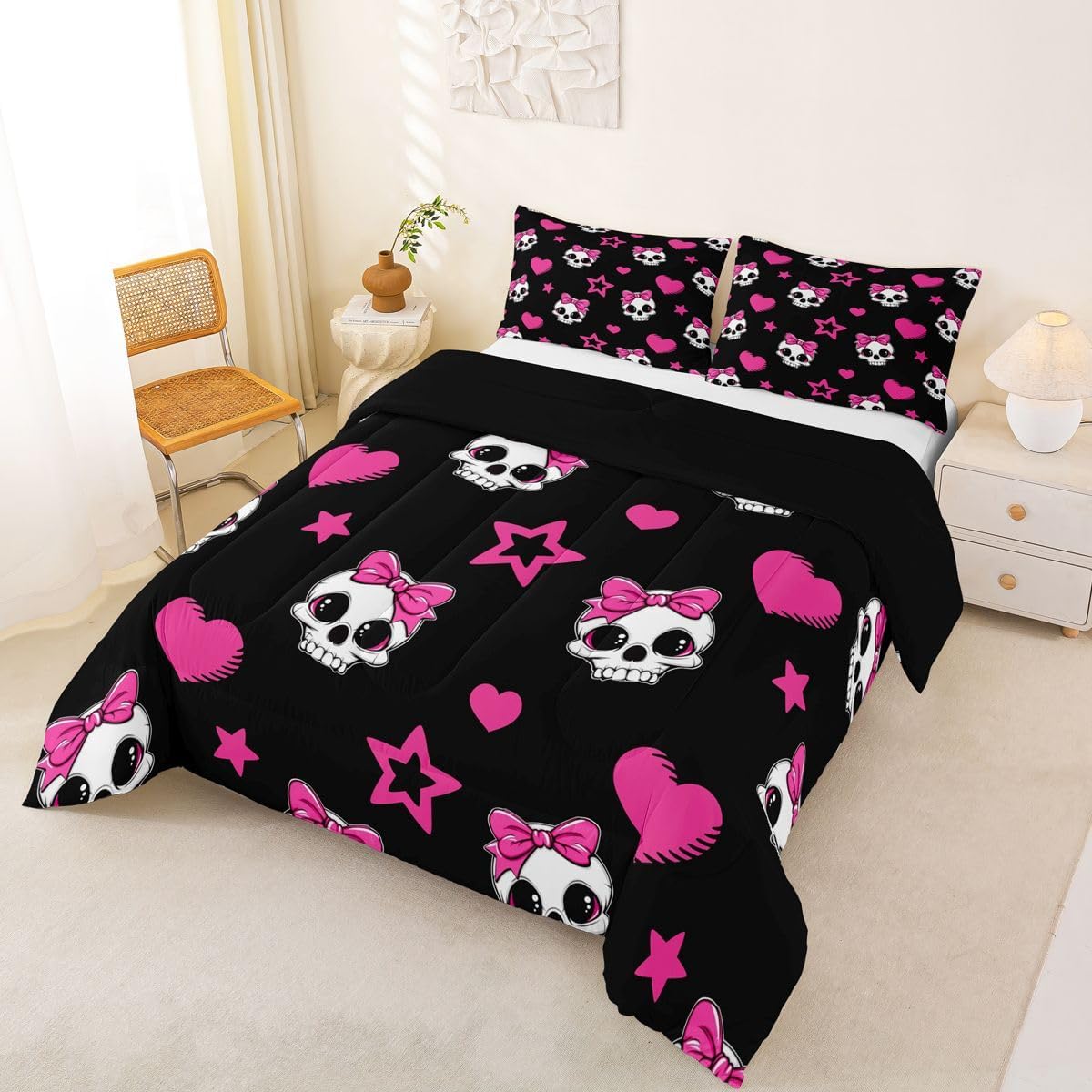 Cartoon Skull Queen Size Comforter Set,Halloween Theme Cute Skeletons Down Alternative Comforter Adults Bedroom Decor,Pink Hearts Stars Bow Black Ultra Soft Microfiber Inner Fill 3Pcs Bedding