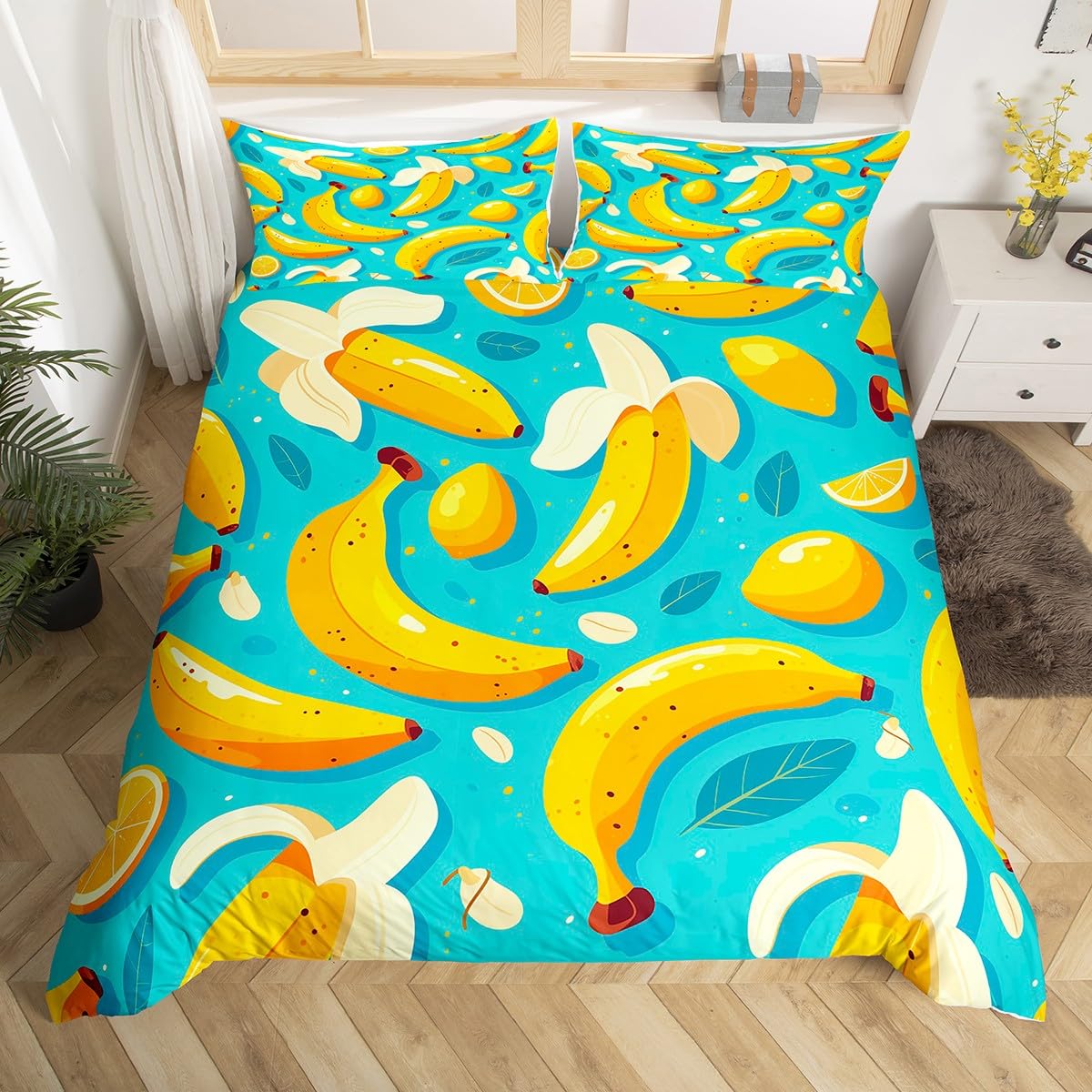 Homewish Banana Print Duvet Cover Yellow Banana Fruit Bedding Set,Lemon Food Themed Super King Comforter Cover for Kids Boys Girls Bedroom Tropical Plant Bed Cover,Blue