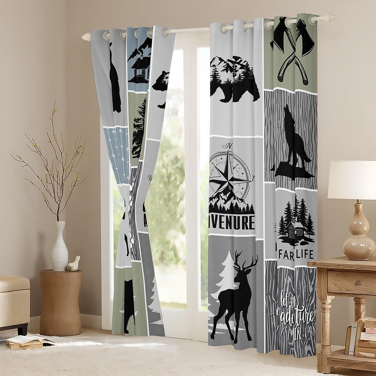 Manfei Rustic Farmhouse Cabin Kids Blackout Curtains,Deer Bear Hunting Adventure Window Drapes for Boys Girls Adults,Geometric Plaids Gray Green Window Treatments Grommet Top 2 Panel Set,42Wx84L inch