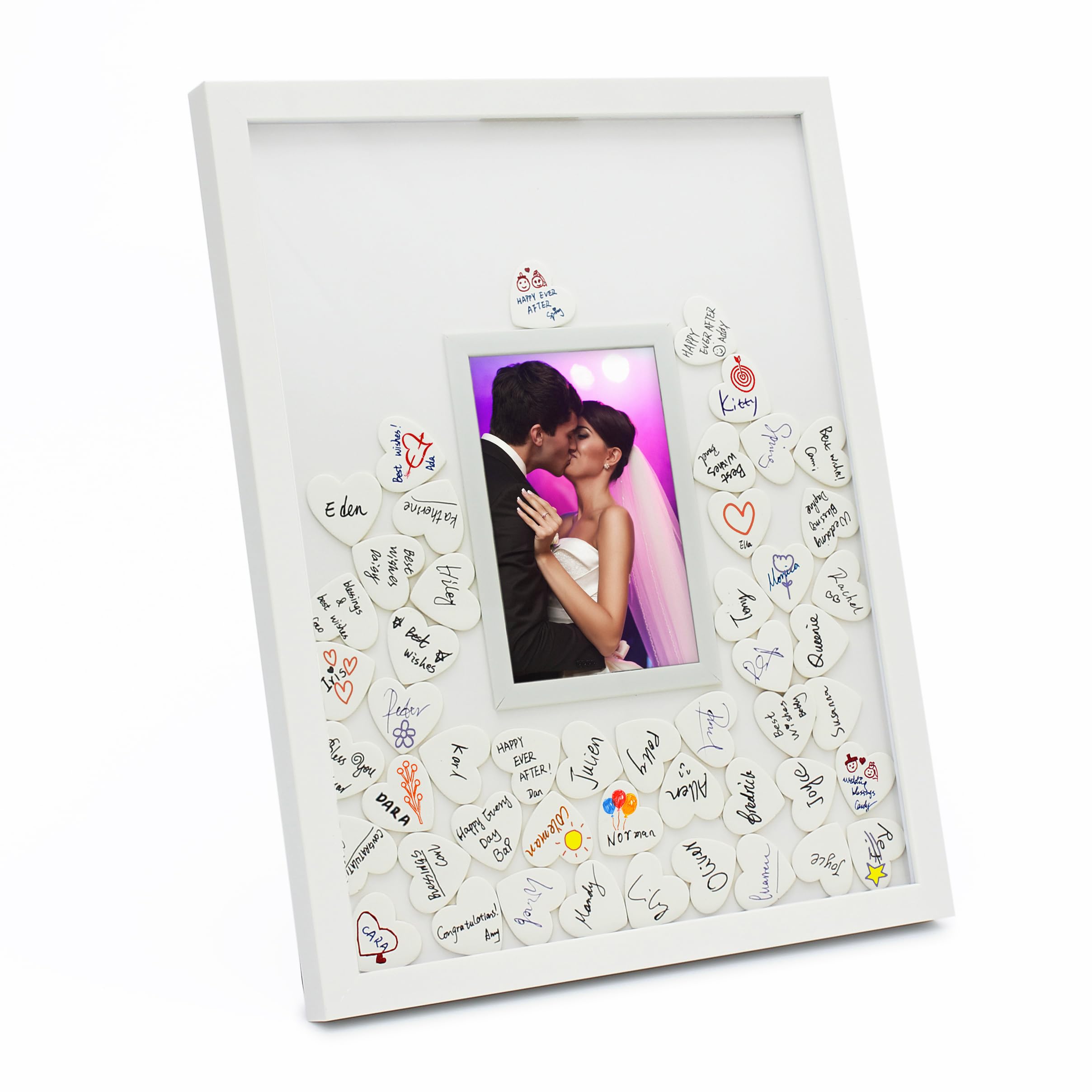 Marco de fotos con autógrafo, libro de invitados alternativo de boda, libro de invitados para baby shower (blanco con 80 corazones)