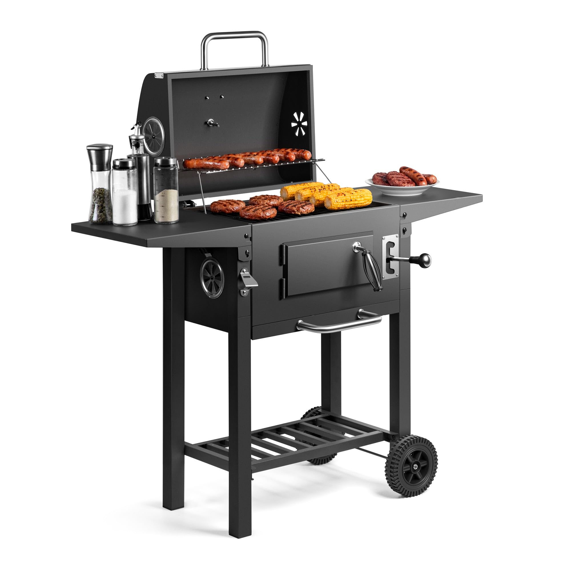 VonHaus Barbecue au Charbon – Barbecue avec Grille Chauffante Hauteur Réglable Thermomètre – Portable Bac à Cendres Étagère 2 Tables Latérales Pliables Roues – Viande Poisson & Légumes